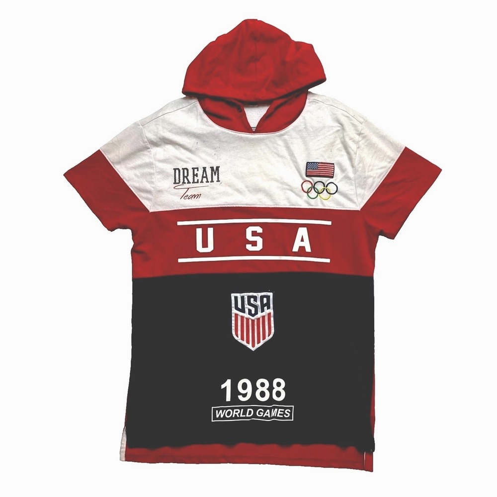 USA Soccer Team Polo Shirt Mens M Red Short Sleeve Dream Team 1988 Flag Hooded